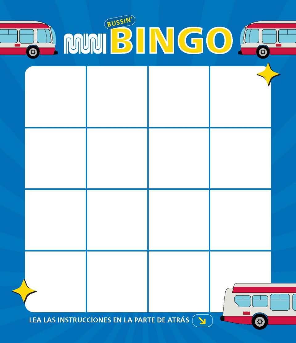 Muni's Bussin' Bingo Card featuring graphics of Muni buses