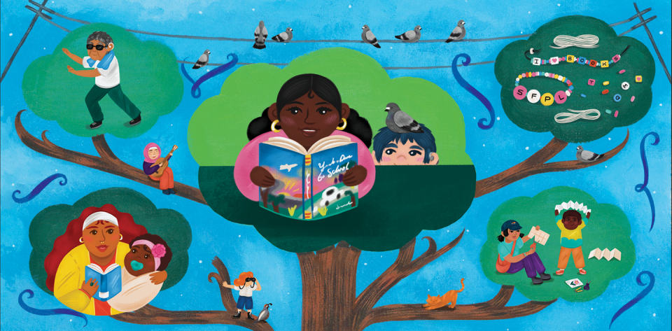 Illustration of girl reading book and a tree showing things you can do at the Library