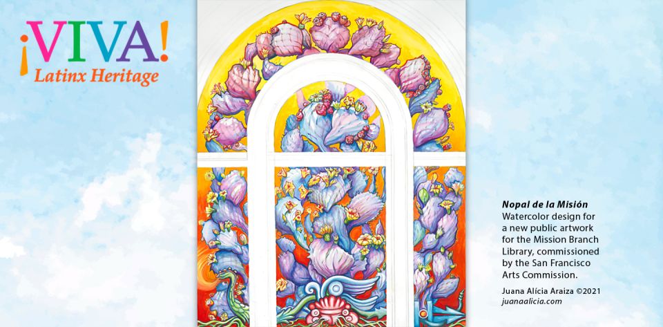 Juana Alicia's Nopal de la Misión, a watercolor design for a glass mural.