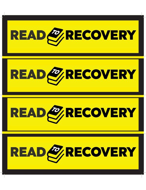 Read to Recovery logo featuring the words ‘READ’ and ‘RECOVERY’ in bold black text on a yellow background, separated by a stacked book icon containing the word ‘TO.