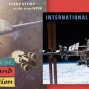 On the left, an illustration of a spaceship with the Earth in the background, from the cover of The Magazine of Fantasy and Science Fiction. On the right, an image of the International Space Station with the Earth in the background.