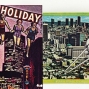 Two collage images including postcard-style city imagery