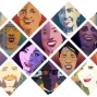 A diagonal grid shows illustrated faces in a variety of colors