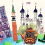 Colorful illustration of different iconic landmarks in cities across the world, taken from M. Sasek children&#039;s books. The landmarks are: Notre Dame in Paris, the Tower of London in England, the Statue of Liberty in New York, a cable car in San Francisco and the Campanile di San Marcos in Venice, Italy.    