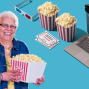 woman holding a bowl of popcorn, laptop, 3d glasses and more popcorn in background
