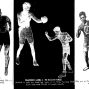 Black and white triptych featuring historic photographs of three Filipino American boxers in double shot. The photos are rasterized so the boxers' features are obscured.  