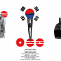 A stylized microphone wearing a red cap and blue mask-like band, surrounded by black bar lines, with red circular symbols and text including the lyrics to the Korean folk song  “Arirang”.