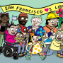 Illustrated cartoon of a parade of people waving banner that says San Francisco hearts libraries