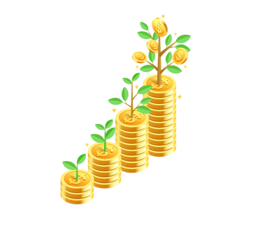 a drawing of plants growing atop stacks of gold coins
